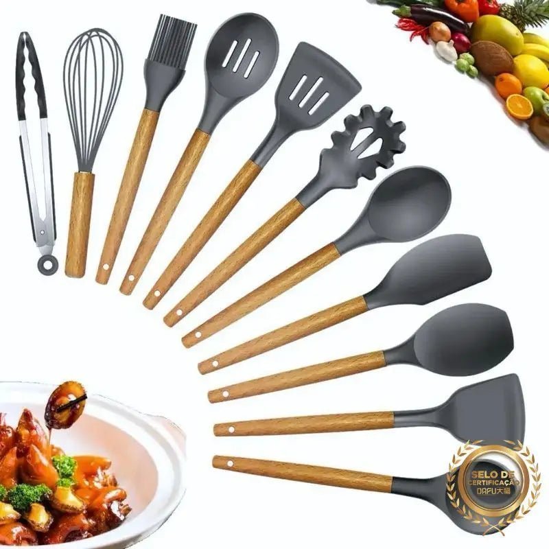 Jogo de Cozinha Kit C/12 Peças de Silicone com Cabo de Madeira