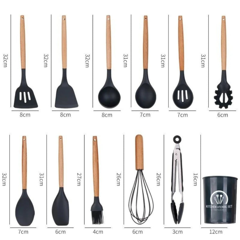 Jogo de Cozinha Kit C/12 Peças de Silicone com Cabo de Madeira