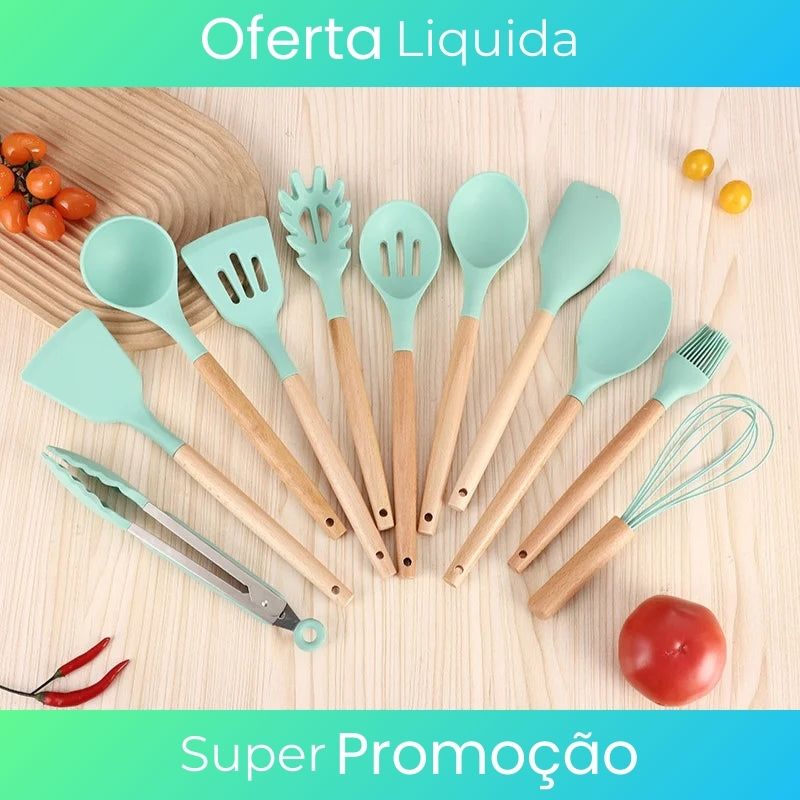 Jogo de Cozinha Kit C/12 Peças de Silicone com Cabo de Madeira